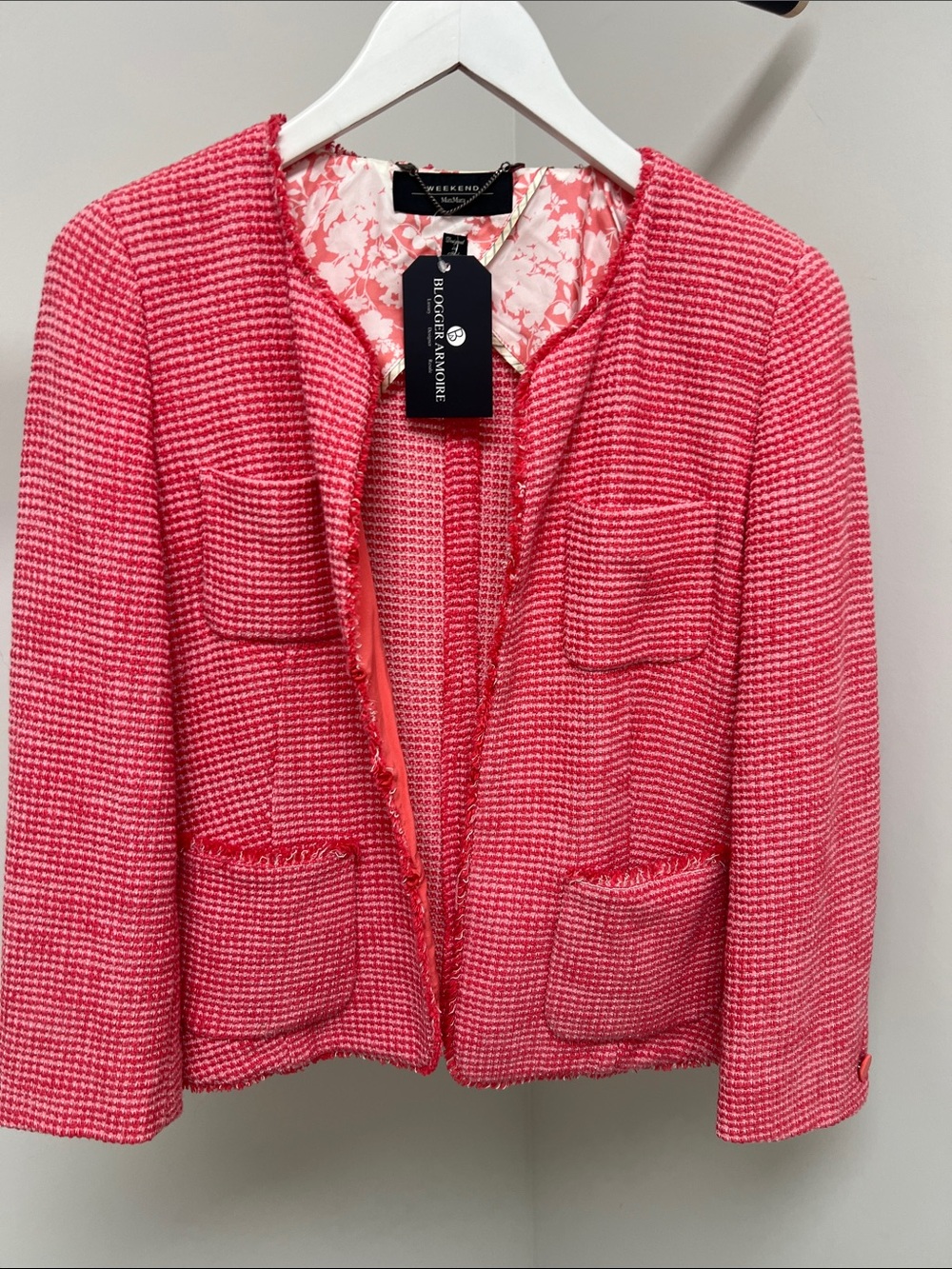 Weekend Max Mara Pink Tweed Open-Front Fringe Jacket
